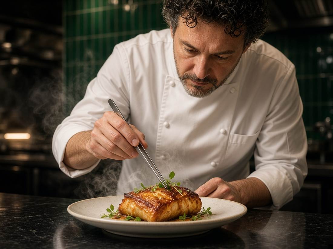 Chef dressant une assiette dans la cuisine de TizzyGourmet