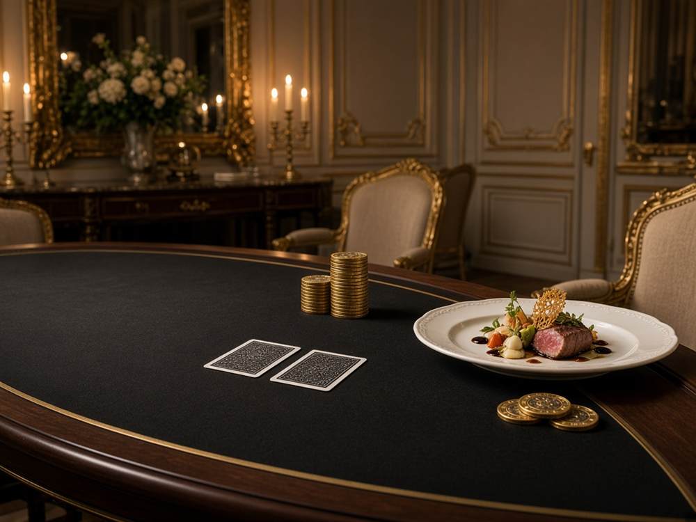 Table de blackjack casino à côté d'une assiette de dégustation